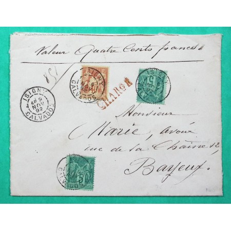 N°75 x2 +94 SAGE LETTRE CHARGE ISIGNY CALVADOS POUR BAYEUX 1892