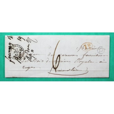 CAD TYPE 15 LA CHARITE NIEVRE DECIME + BOITE RURALE Q FOURNAY CHER POUR ANGERS MAINE ET LOIRE 1843