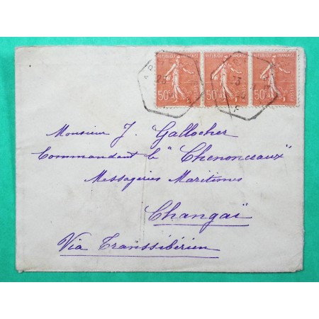 N°199 x3 SEMEUSE LETTRE MARSEILLE POUR BATEAU CHENONCEAUX MESSAGERIES MARITIMES SHANGHAÏ CHINE 1930