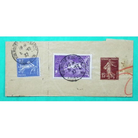 ENTIER 15C SEMEUSE BANDE DE JOURNAL + N°279 + 309 STATUE LIBERTE MULHOUSE R. DE FRANCE HAUT RHIN 1937