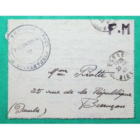 FRANCHISE MILITAIRE FM DEPOT D'INFANTERIE COSNE NIEVRE POUR BESANCON DOUBS 1940 WW2