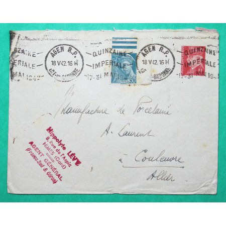 ENTIER PETAIN 1F ROUGE + N°538 MERCURE LETTRE TARIF 1F50 AGEN LOT ET GARONNE QUINZAINE IMPERIALE 1942 WW2