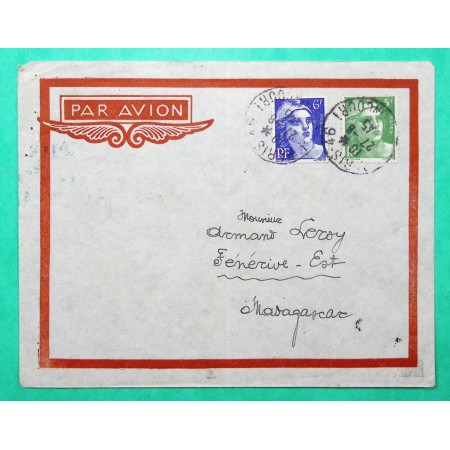 N°719 + 720 MARIANNE GANDON LETTRE PAR AVION PARIS POUR FENERIVE EST MADAGASCAR 1945