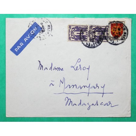 N°603 + 673 x2 ARMOIRIES LANGUEDOC CHAINES BRISEES LETTRE AVION PARIS POUR MANANJARY MADAGASCAR 1945