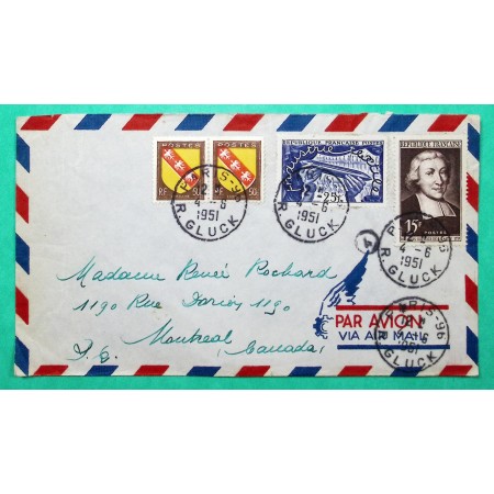 N°757 x2 + 881 + 882 LETTRE AVION PARIS POUR MONTREAL TARIF SPECIAL CANADA 1951