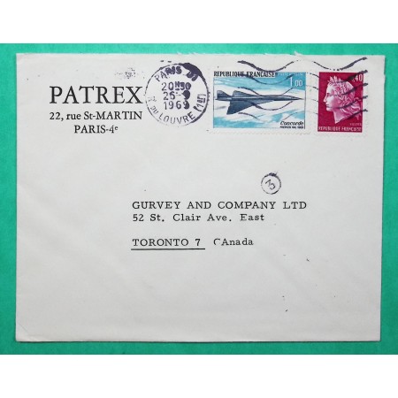 N°1536B MARIANNE CHEFFER + PA N°43 1F CONCORDE LETTRE AVION PARIS POUR TORONTO TARIF SPECIAL CANADA 1969