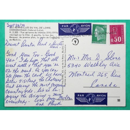 N°1611 + 1664 MARIANNE CHEFFER BEQUET CARTE POSTALE AVION POUR MONTREAL TARIF SPECIAL CANADA 1973