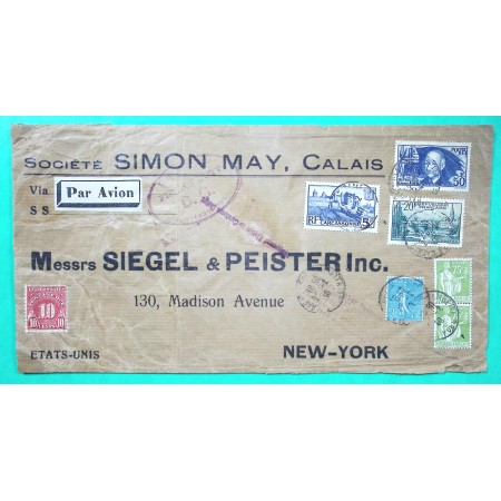 N°284A + 362 + 392 + 394 + 398 CLEMENT ADER LETTRE PAR AVION POUR NEW YORK ETATS UNIS TAXE 10C DOUANES AMERICAINES 1940 WW2