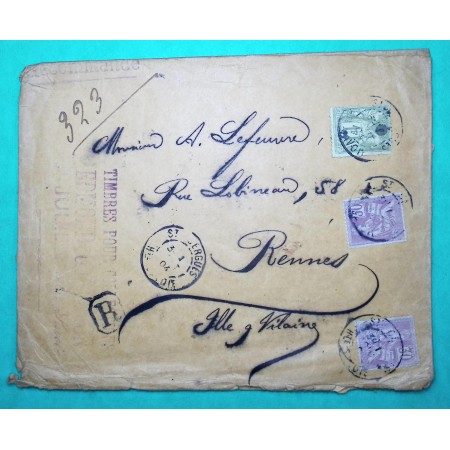 N°82 + 115 x2 SAGE MOUCHON BEL AFFRANCHISSEMENT RECOMMANDE ST CERGUES HAUTE SAVOIE TIMBRES POSTE COLLECTIONS GENEVE 1904