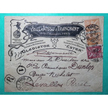 N°116 + 117 x2 MOUCHON BELLE LETTRE RECOMMANDE ILLUSTREE JOSSU PARIS 1901