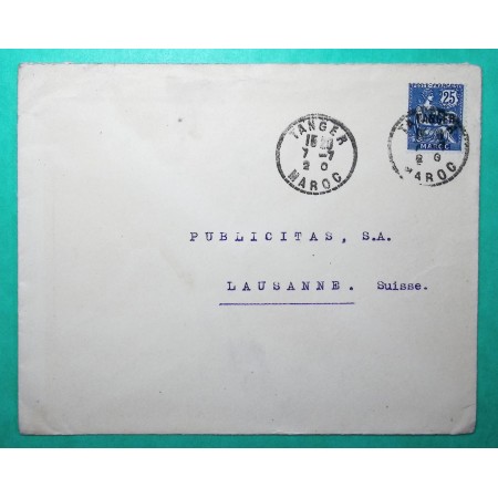 25C MOUCHON RETOUCHE MAROC SURCHARGE TANGER LETTRE POUR LAUSANNE SUISSE 1920