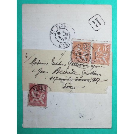 N°117 x2 + 124 MIXTE MOUCHON RETOUCHE RECOMMANDE ST FLOUR CANTAL POUR PARIS 1902