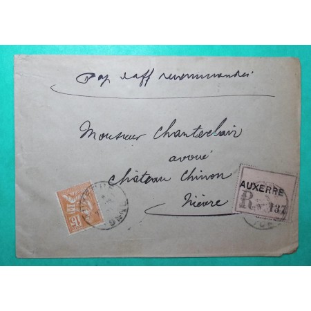 N°117 MOUCHON TARIF PAPIERS D'AFFAIRES RECOMMANDE AUXERRE YONNE ETIQUETTE ROSE 1901