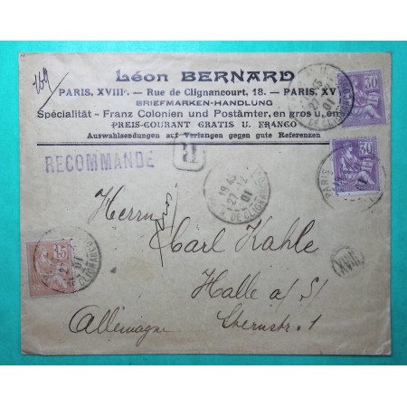 N°115 x2 + 117 MOUCHON RECOMMANDE PARIS POUR HALLE ALLEMAGNE TARIF 75C 1901