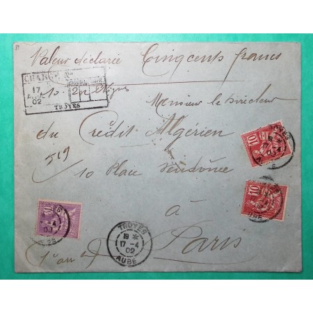 N°115 + 116 x2 MOUCHON LETTRE CHARGE TROYES AUBE POUR PARIS 1902