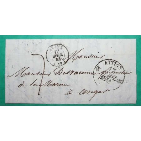 CAD TYPE 12 ATTIGNY ARDENNES + CAD TYPE 15 REIMS MARNE CURIOSITE POUR ANGERS MAINE ET LOIRE 1844 LETTRE COVER FRANCE