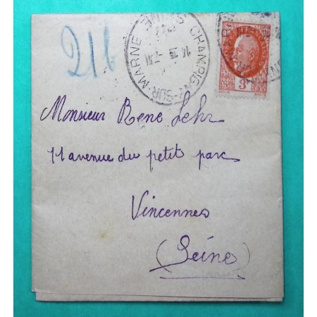 N°521 3F PETAIN BERSIER SEUL SUR LETTRE PNEUMARTIQUE CHAMPIGNY SUR MARNE POUR VINCENNES 1944