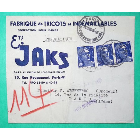 N°886 x3 MARIANNE GANDON LETTRE PNEUMATIQUE PUB JAKS PARIS RUE DU CONSERVATOIRE 1925