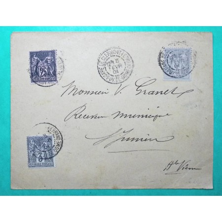 N°87 x2 + 97 SAGE LETTRE TARIF 30C DOUBLE PORT 1C EN TROP CLERMONT FERRAND PUY DE DOME 1901