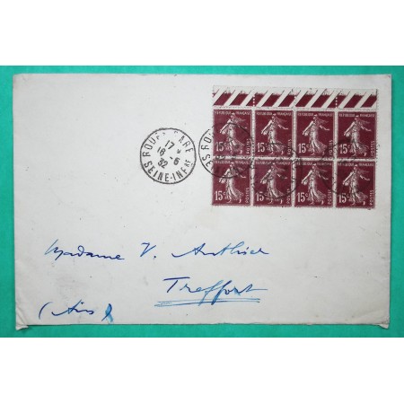 N°189 SEMEUSE BLOC DE 8 LETTRE ROUEN SEINE INFERIEURE POUR TREFFORT AIN 1932