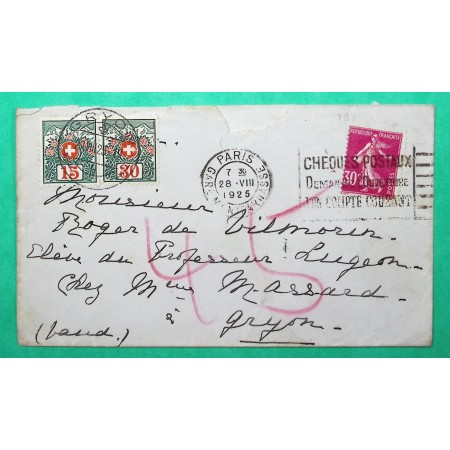 N°191 SEMEUSE LETTRE PARIS POUR GRYON SUISSE TAXE 15 + 30 45C SUISSE 1925