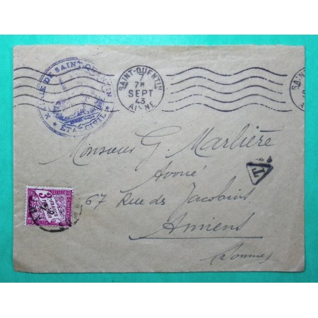 TAXE 3F LILAS DUVAL SEUL SUR LETTRE MAIRIE DE ST QUENTIN AISNE POUR AMIENS SOMME 1943