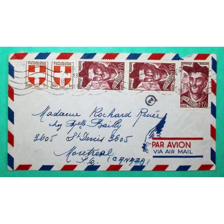 N°836 x2 + 866 x3 ARMOIRIES SAVOIE RABELAIS LETTRE AVION PARIS POUR MONTREAL CANADA TARIF SPECIAL 1951