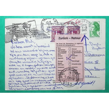 N°2219 LIBERTE DE GANDON CP TROYES AUBE POUR STEINACH AM BRENNER AUTRICHE TAXE 3F40 AUTRICHIENNE + ETIQUETTE RETOUR ROSE 1983