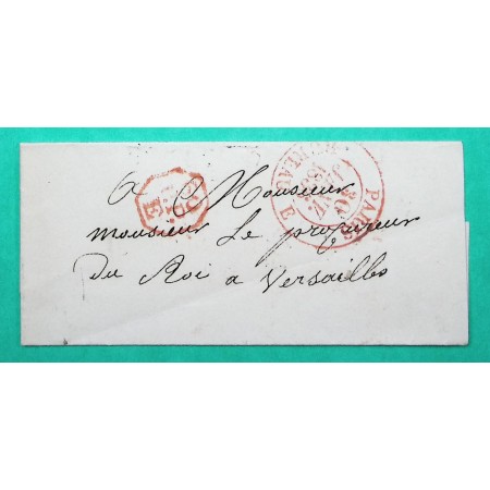 CAD TYPE 13 PARIS BUREAU E ROUGE PP PORT PAYE 60 PP E POUR VERSAILLES CACHET DISTRIBUTION VERSO 1836