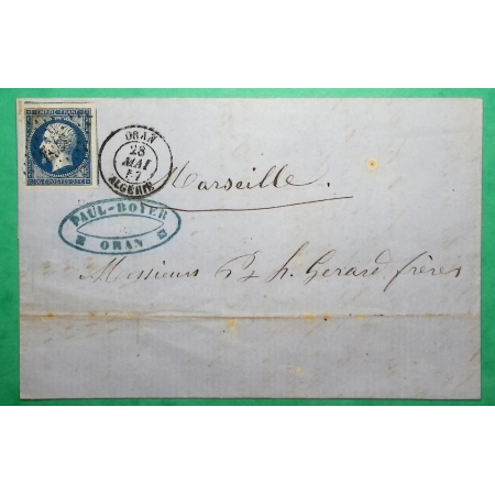 N°14 TB AVEC VOISINS PC 3732 ORAN ALGERIE POUR MARSEILLE BOUCHES DU RHONE 1857 LETTRE COVER FRANCE