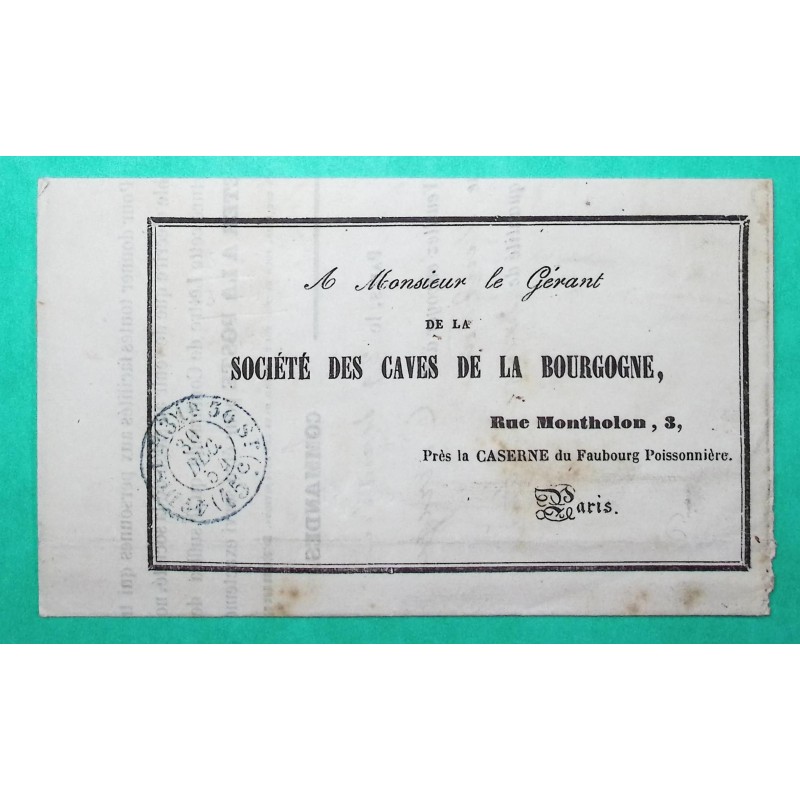 CACHET TAXE DISTRIBUTION PARIS 15C BLEU LETTRE SOCIETE DES CAVES DE LA BOURGOGNE VINS 1854
