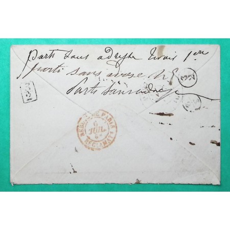 CAD TYPE 15 PONTOISE SEINE ET OISE POUR PARIS CACHET ROUGE REBUTS DE PARIS RECLAMATION VERSO TAXE 30 1868