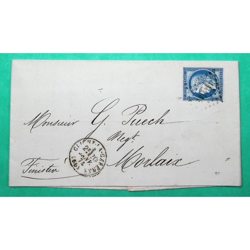 N°60B TYPE II GC 1056 CLICHY LA GARENNE SEINE POUR MORLAIX FINISTERE AVEC BELLE ETIQUETTE VERSO 1874