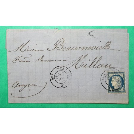 N°60C OBLITERATION CAD TYPE 17 LA CANOURGUE LOZERE POUR MILLAU AVEYRON 1876