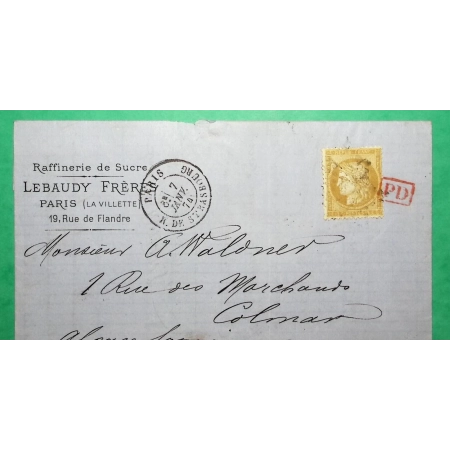 N°59 ETOILE DE PARIS RUE DE STRASBOURG POUR COLMAR HAUT RHIN ALSACE LORRAINE 1874 LETTRE COVER FRANCE