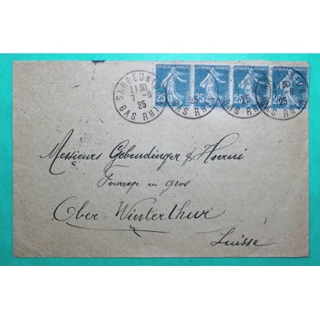 N°140 BANDE DE 4 SEMEUSE SARRE UNION BAS RHIN POUR WINTHERTHUR SUISSE 1925