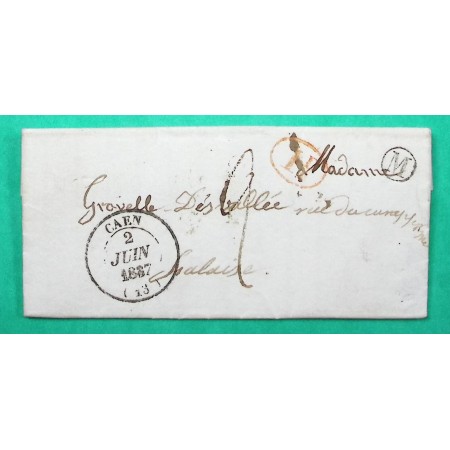 CAD TYPE 14 CAEN CALVADOS DECIME + BOITE RURALE M BIEVILLE POUR FALAISE 1837