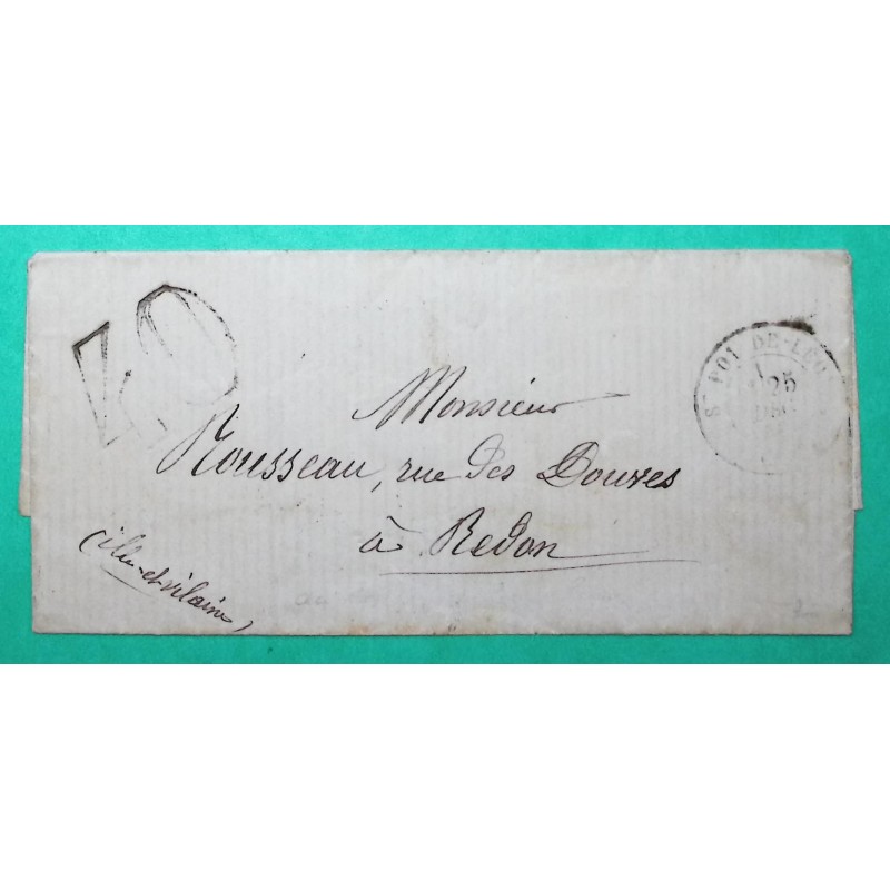 CAD TYPE 17 ST POL DE LEON FINISTERE TAXE TAMPON 40 POUR REDON ILLE ET VILAINE BUREAU DE PASSE 3112 VERSO 1872