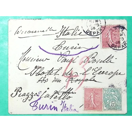 N°111 + 129 x2 MIXTE BLANC SEMEUSE TARIF 25C POUR L'ETRANGER PARIS POUR TURIN ITALIE 1906 LETTRE COVER FRANCE