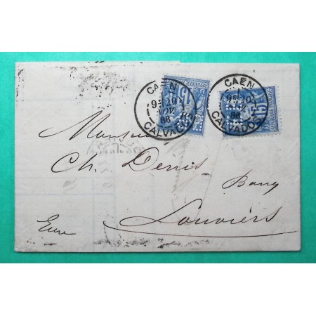 N°90 x2 SAGE PERFORE EB E. BELLAMY CAEN CALVADOS DOUBLE PORT POUR LOUVIERS EURE 1886