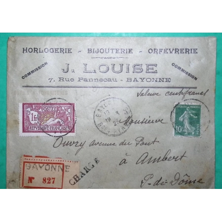 N°121 + 159 MIXTE MERSON SEMEUSE LETTRE CHARGE BAYONNE BASSES PYRENEES ENTETE HORLOGERIE BIJOUTERIE POUR AMBERT 1923
