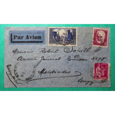 N°261 + 304 + 369 PORT LA ROCHELLE VICTOR HUGO PAIX LETTRE PAR AVION ALTKIRCH HAUT RHIN POUR MONTEVIDEO URUGUAY 1939