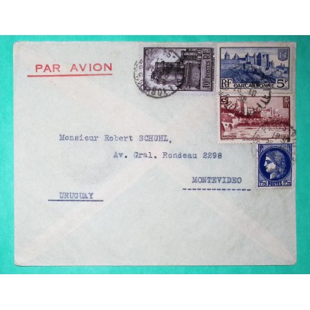 N°372 + 391 + 392 + 393 CERES AVIGNON CARCASSONNE DONJON VINCENNES LETTRE AVION PARIS POUR MONTEVIDEO URUGUAY 1938