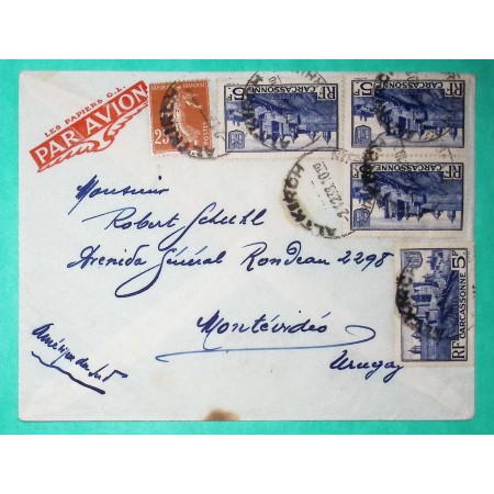 N°235 + 392 x4 SEMEUSE CARCASSONNE LETTRE AVION ALTKIRCH HAUT RHIN POUR MONTEVIDEO URUGUAY 1939