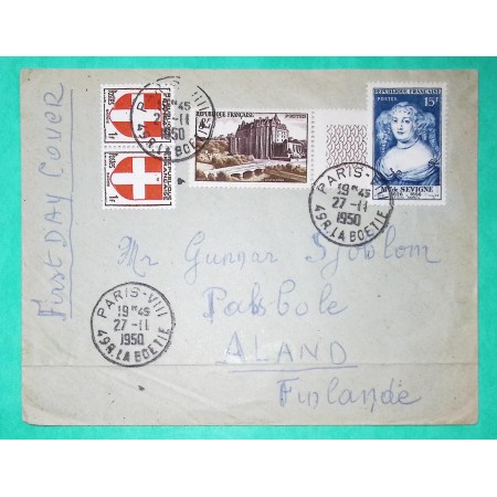 N°836 x2 + 873 + 874 ARMOIRIES CHATEAU CHATEAUDUN SEVIGNE LETTRE AVION PARIS POUR ILES ALAND FINLANDE