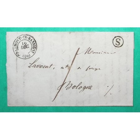 CAD TYPE 15 CHAUMONT EN BASSIGNY MARNE BOITE RURALE S TAXE 1 CORRESPONDANCE LOCALE POUR BOLOGNE SUR MARNE CURSIVE EN ARRIVE 1851