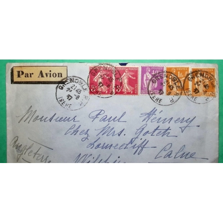 N°278B x2 + 281 + 286 x2 SEMEUSE PAIX LETTRE PAR AVION GRENOBLE ISERE POUR L'ANGLETERRE ENGLAND 1937 COVER FRANCE