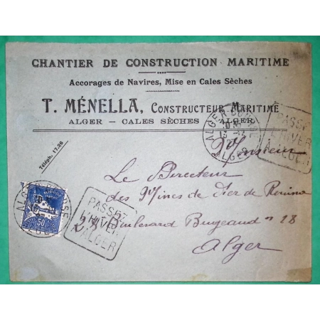 BELLE ENVELOPPE ENTETE CHANTIER DE CONSTRUCTION MARITIME ALGER ALGERIE 1927 LETTRE COVER FRANCE