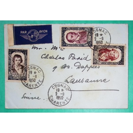 N°867 + 868 + 870 CHENIER DAVID DANTON LETTRE AVION COGNAC CHARENTE POUR LAUSANNE SUISSE 1950