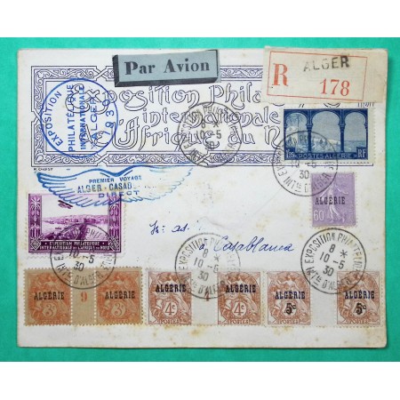 N°109 x2 + 110 x4 + 200 BLANC MILLESIME SEMEUSE SURCHARGE ALGERIE RECOMMANDE AVION EXPOSITION PHILATELIQUE ALGER VIGNETTE 1930